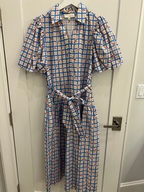 Pinch Blue Plaid Midi Dress with Cherry Motif